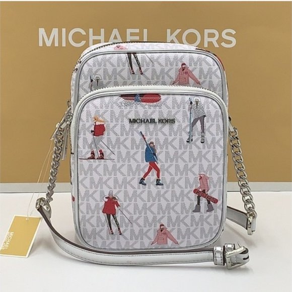 MICHAEL KORS WOMEN LADY SKI GIRL SKIER CHAIN CROSSBODY BAG WHITE LOGO GREY LTH - Picture 14 of 15